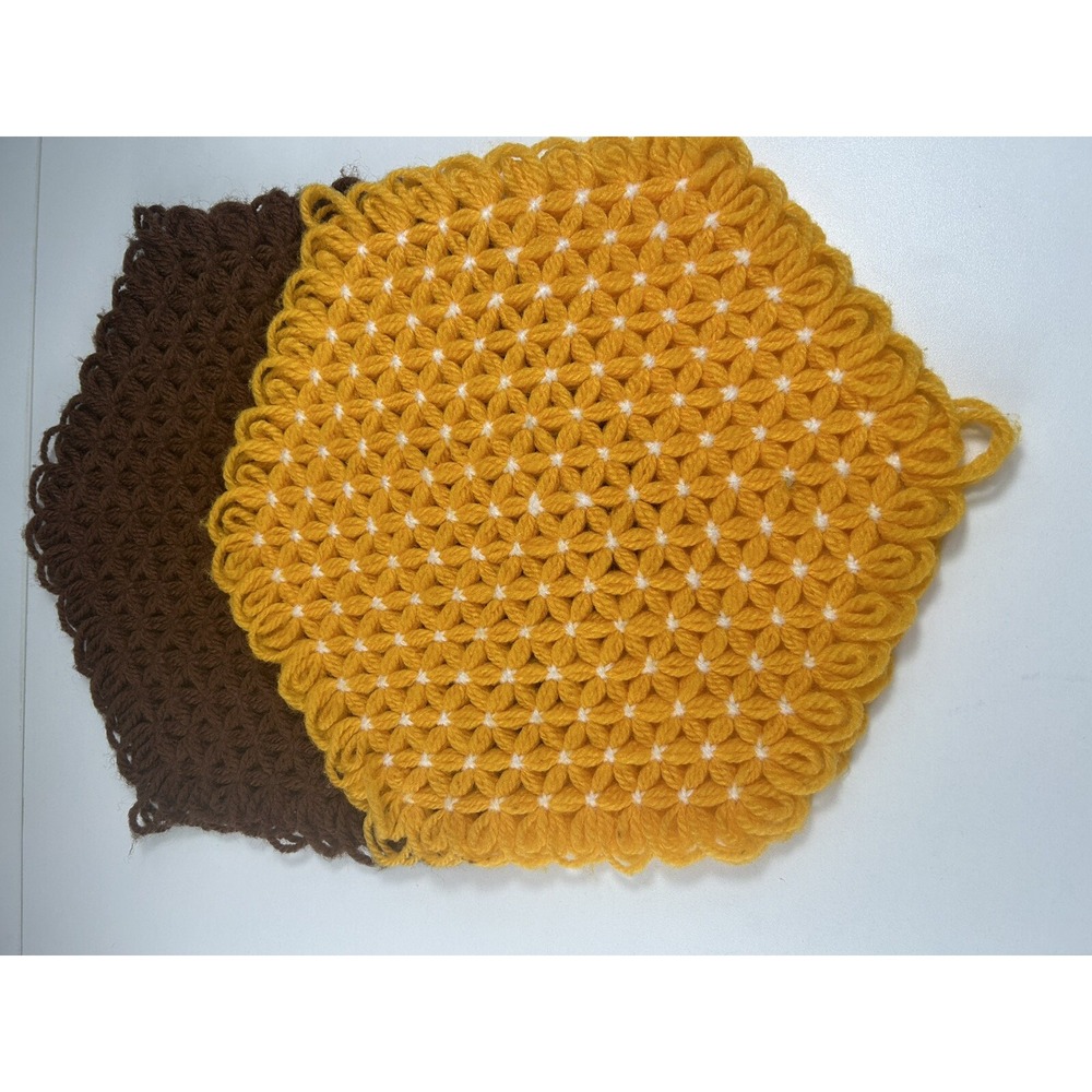 Vintage 80's 90's Placemats Bright Yellow And Brown Handmade Crochet Hotpads
